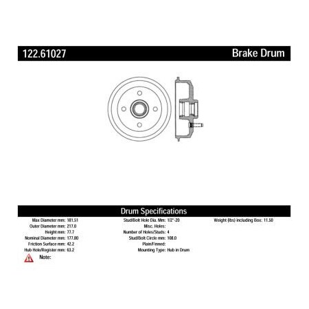 Centric Premium Brake Drum, Parts 122.61027